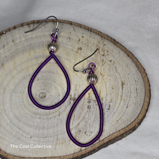 Purple Coiled Wire With Silver Tone Beads on Stainless Steel Ear Wires