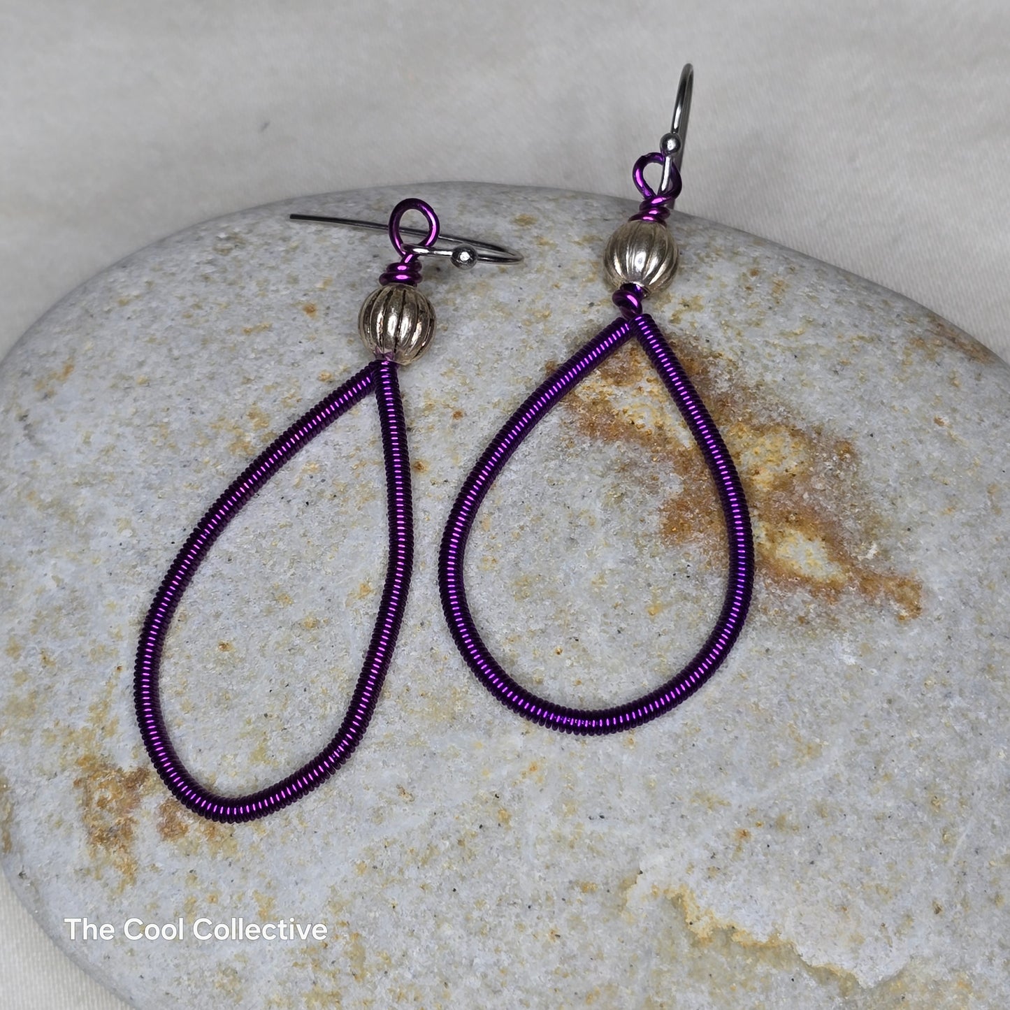 Purple Coiled Wire With Silver Tone Beads on Stainless Steel Ear Wires