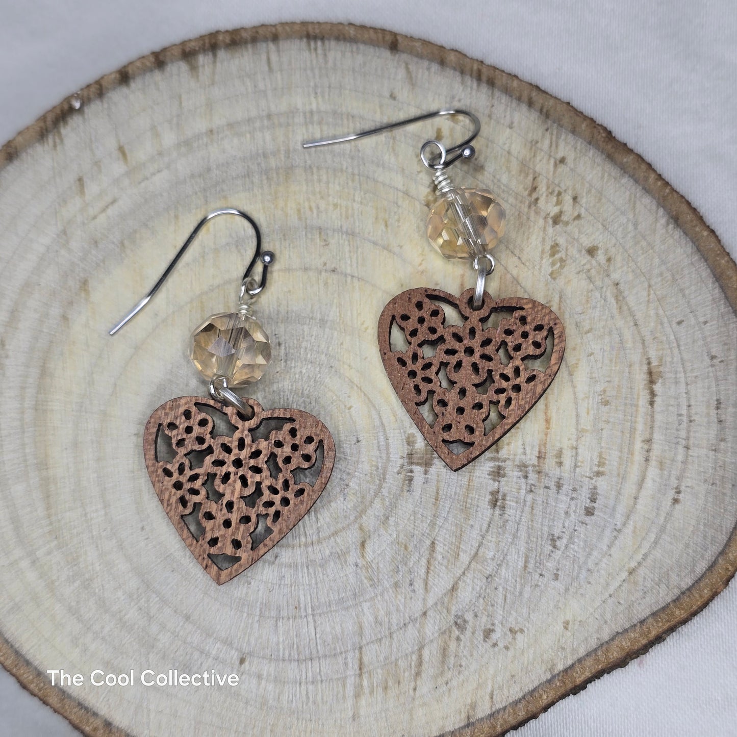 Laser Cut Wood Hearts With Golden Crystals on Stainless Steel Ear Wires