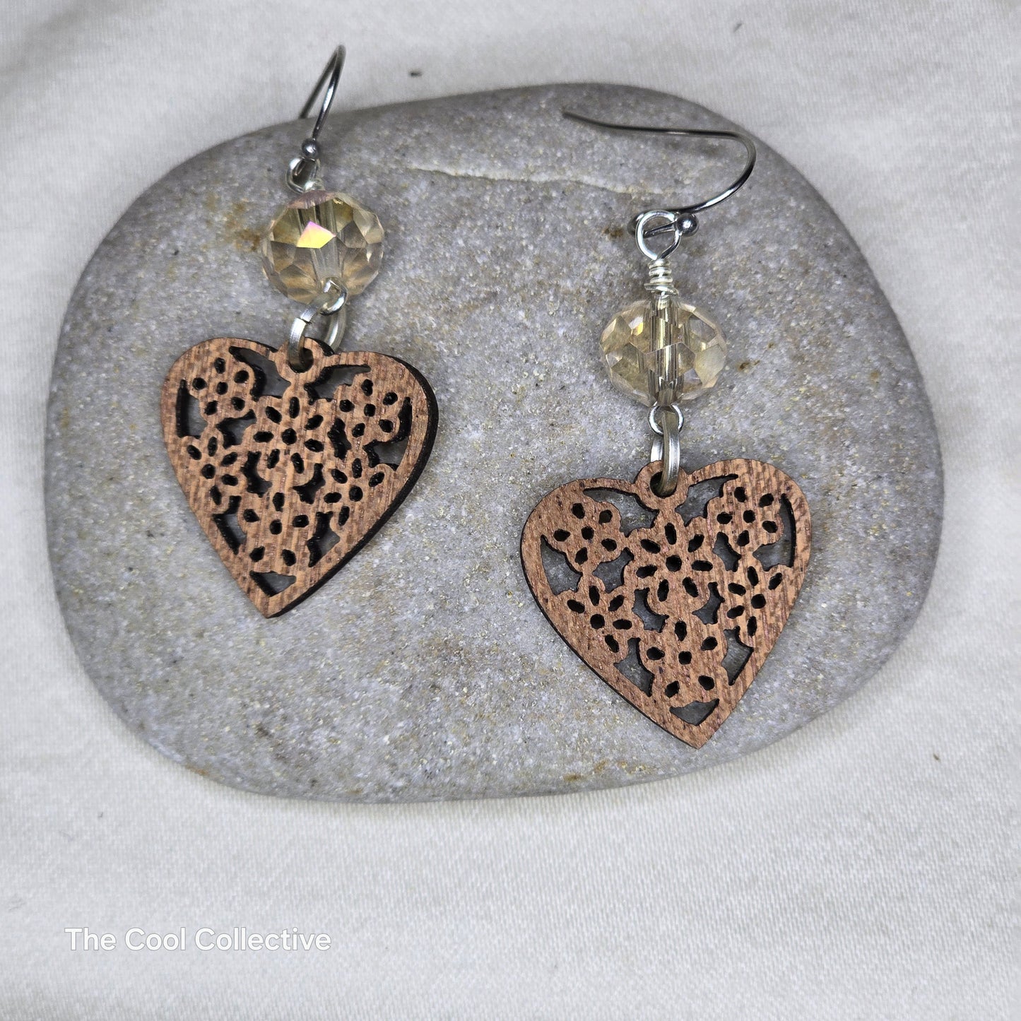 Laser Cut Wood Hearts With Golden Crystals on Stainless Steel Ear Wires