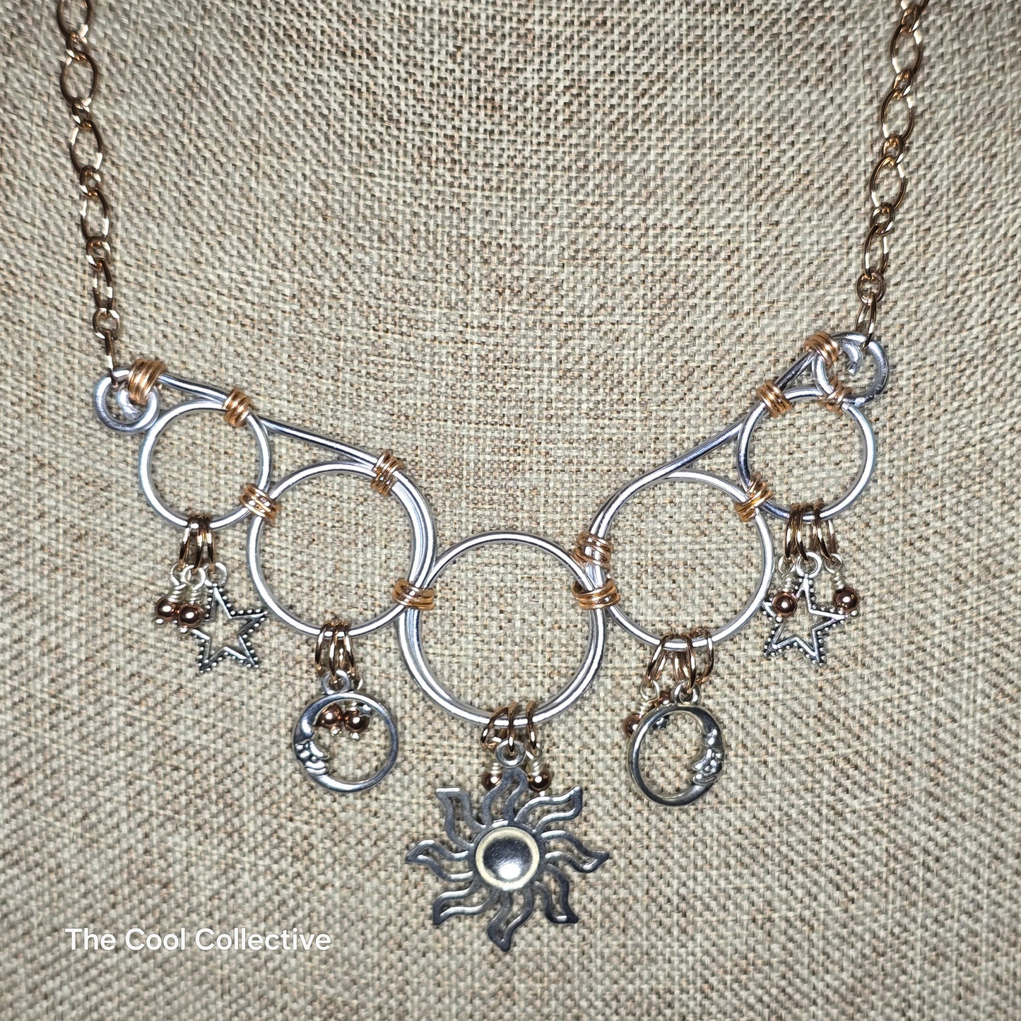 "Celestial Vibes" Aluminum Wire Circles With Suns, Moons, Stars on Bright Copper Chain and Accents Set