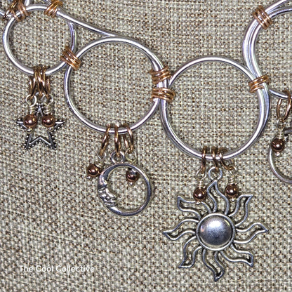 "Celestial Vibes" Aluminum Wire Circles With Suns, Moons, Stars on Bright Copper Chain and Accents Set