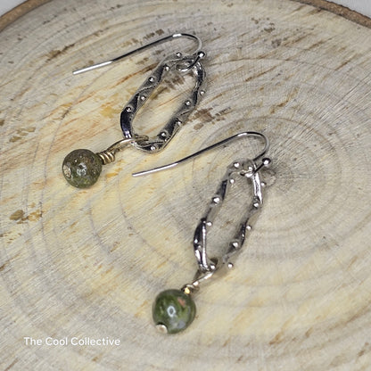 Unakite Drop Earrings with Embellished Silver Tone Ovals on Stainless Steel Ear Wires