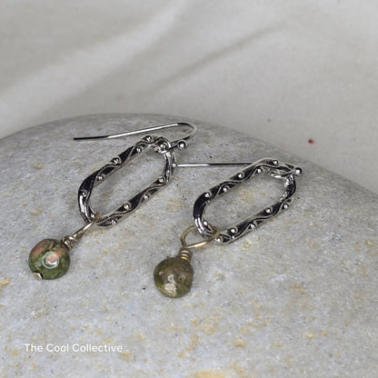 Unakite Drop Earrings with Embellished Silver Tone Ovals on Stainless Steel Ear Wires