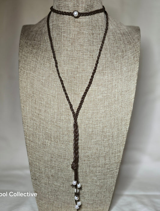 Braided Dark Brown Leather & Freshwater Pearls Choker/Lariat