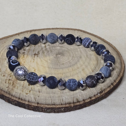 STRETCH Matte Black Banded Agate and Gray Crystals Bracelet