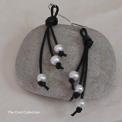 Freshwater Pearls and Silver Tone Heart on Black Leather Lariat & Earrings Set