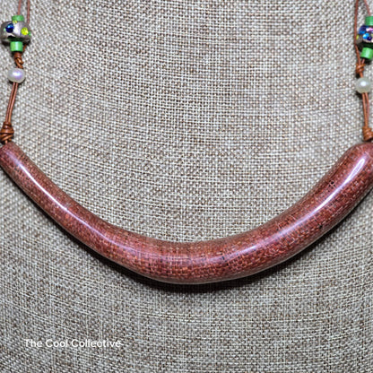 Horn Focal With Freshwater Pearls Glass & Wood Beads on Leather Adjustable Necklace