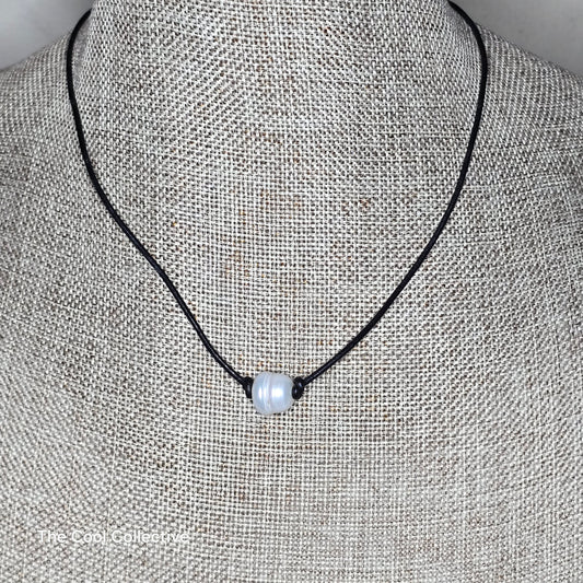 Extra Large Freshwater Pearl on Black Leather Choker