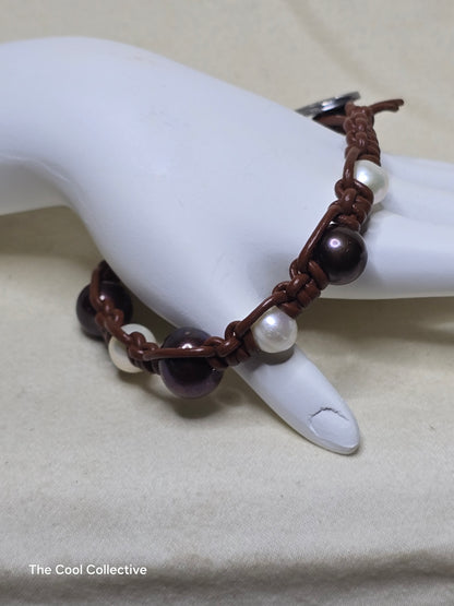 Freshwater and Shell Pearls on Medium Brown Leather Bracelet