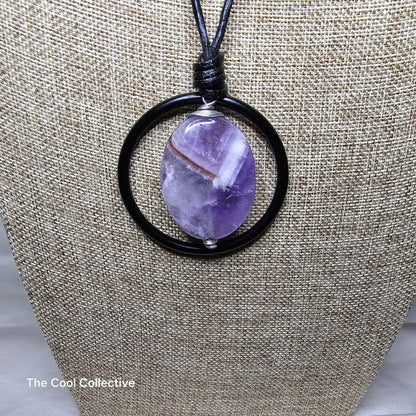 Large Dogtooth (Chevron) Amethyst on Black Ring Pendant on Adjustable AND Reversible Black Leather