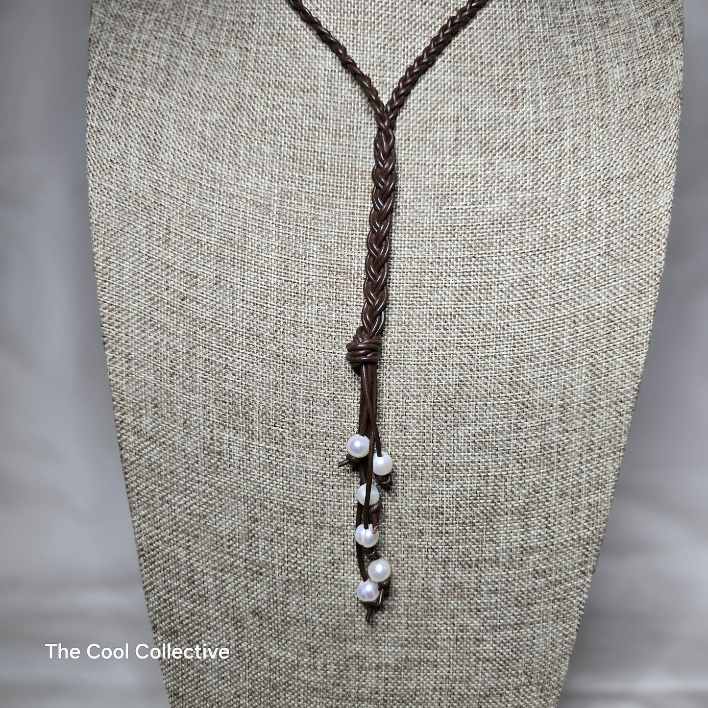 Braided Dark Brown Leather & Freshwater Pearls Choker/Lariat