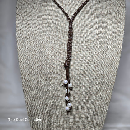 Braided Dark Brown Leather & Freshwater Pearls Choker/Lariat