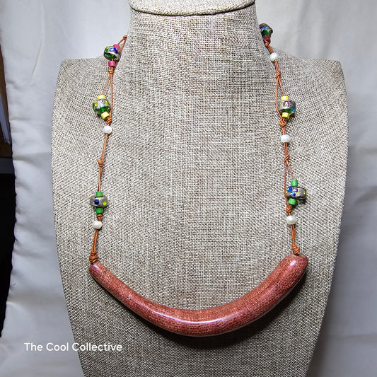 Horn Focal With Freshwater Pearls Glass & Wood Beads on Leather Adjustable Necklace