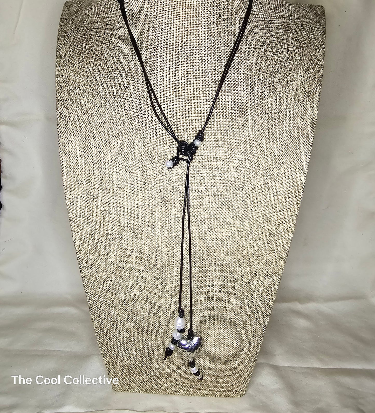 Freshwater Pearls and Silver Tone Heart on Black Leather Lariat & Earrings Set