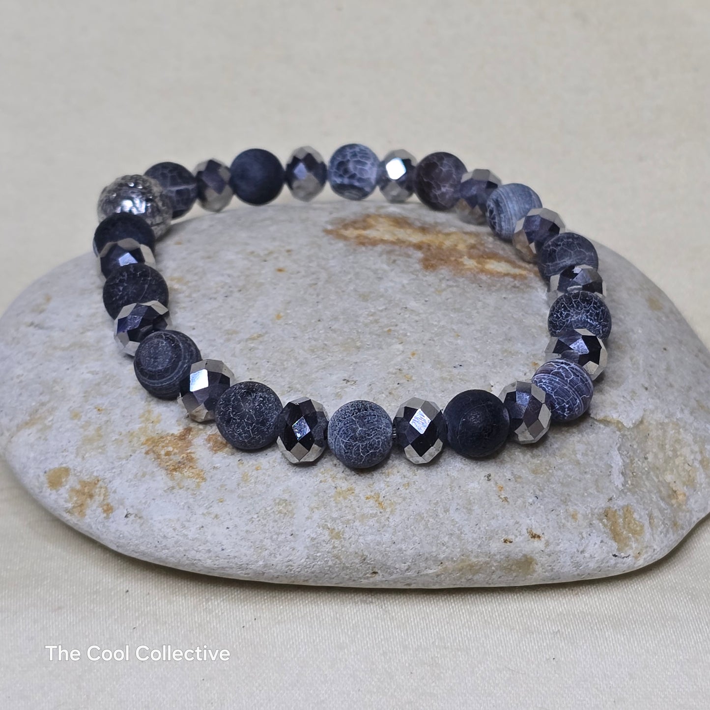 STRETCH Matte Black Banded Agate and Gray Crystals Bracelet