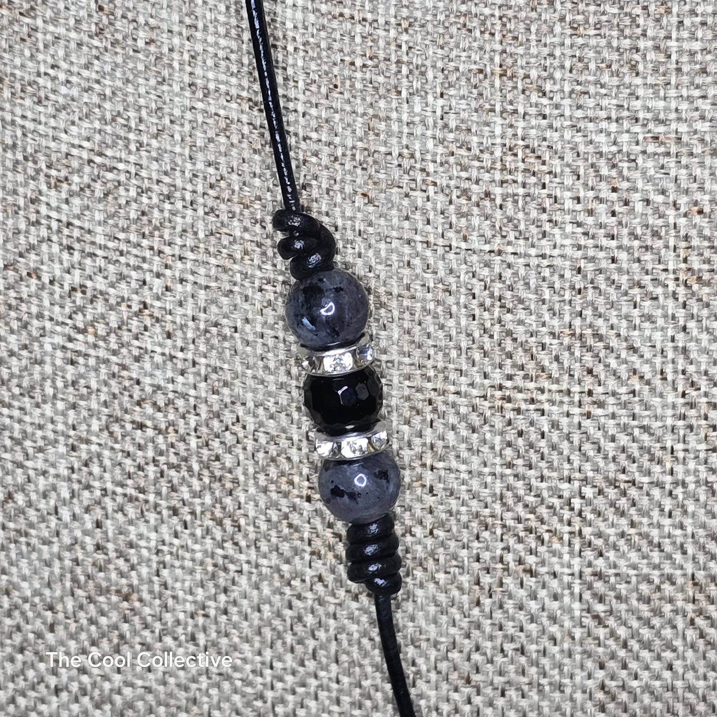 Silver & Crystal Focal, Black Labradorite & Onyx Beads, Silver Tone Accents on Adjustable Black Leather & Earrings Set