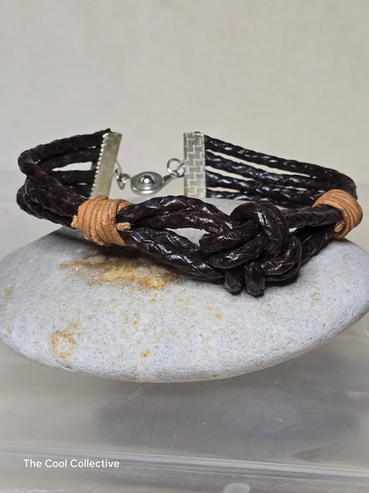 Large "LOVE" Knot Brown & Tan Leather Bracelet