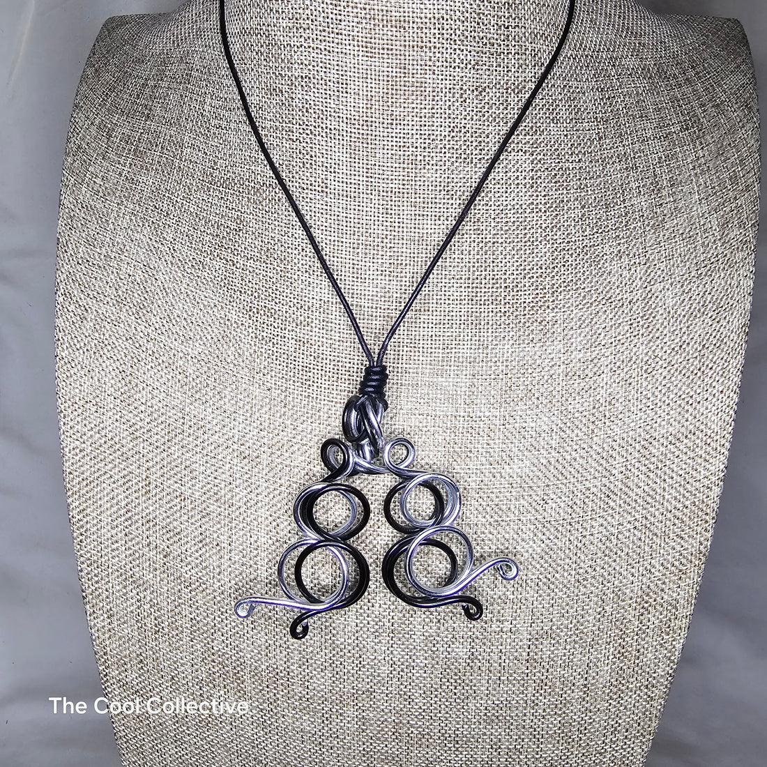 Silver &amp; Black Coiled Aluminum Wire Pendant on Adjustable Black Leather Necklace
