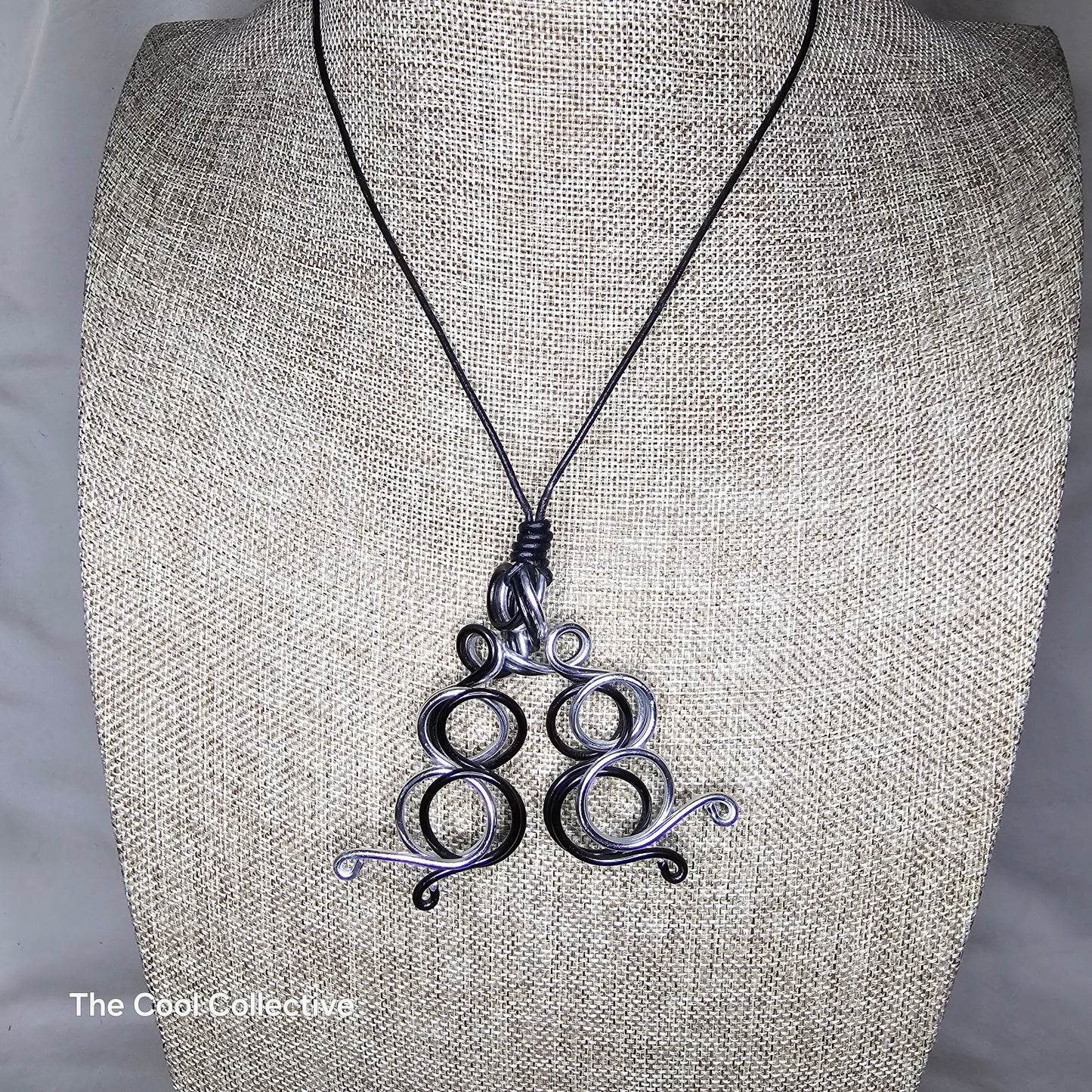 Silver & Black Coiled Aluminum Wire Pendant on Adjustable Black Leather Necklace