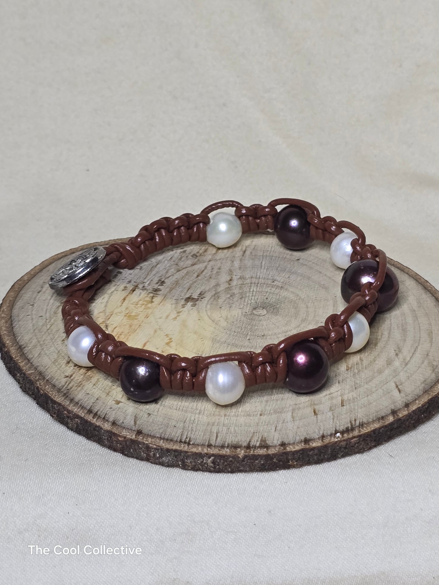 Freshwater and Shell Pearls on Medium Brown Leather Bracelet