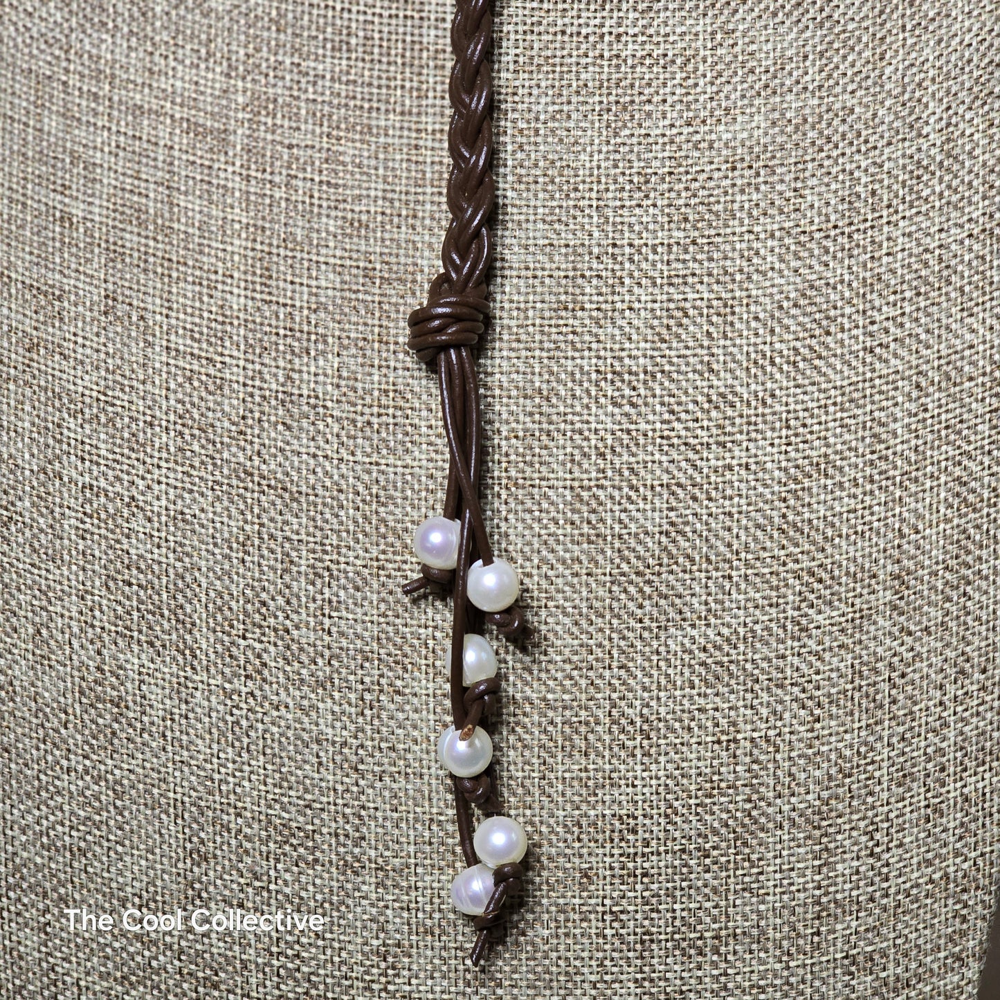 Braided Dark Brown Leather & Freshwater Pearls Choker/Lariat