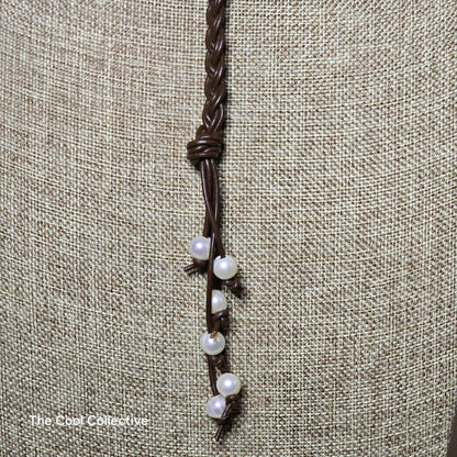 Braided Dark Brown Leather & Freshwater Pearls Choker/Lariat