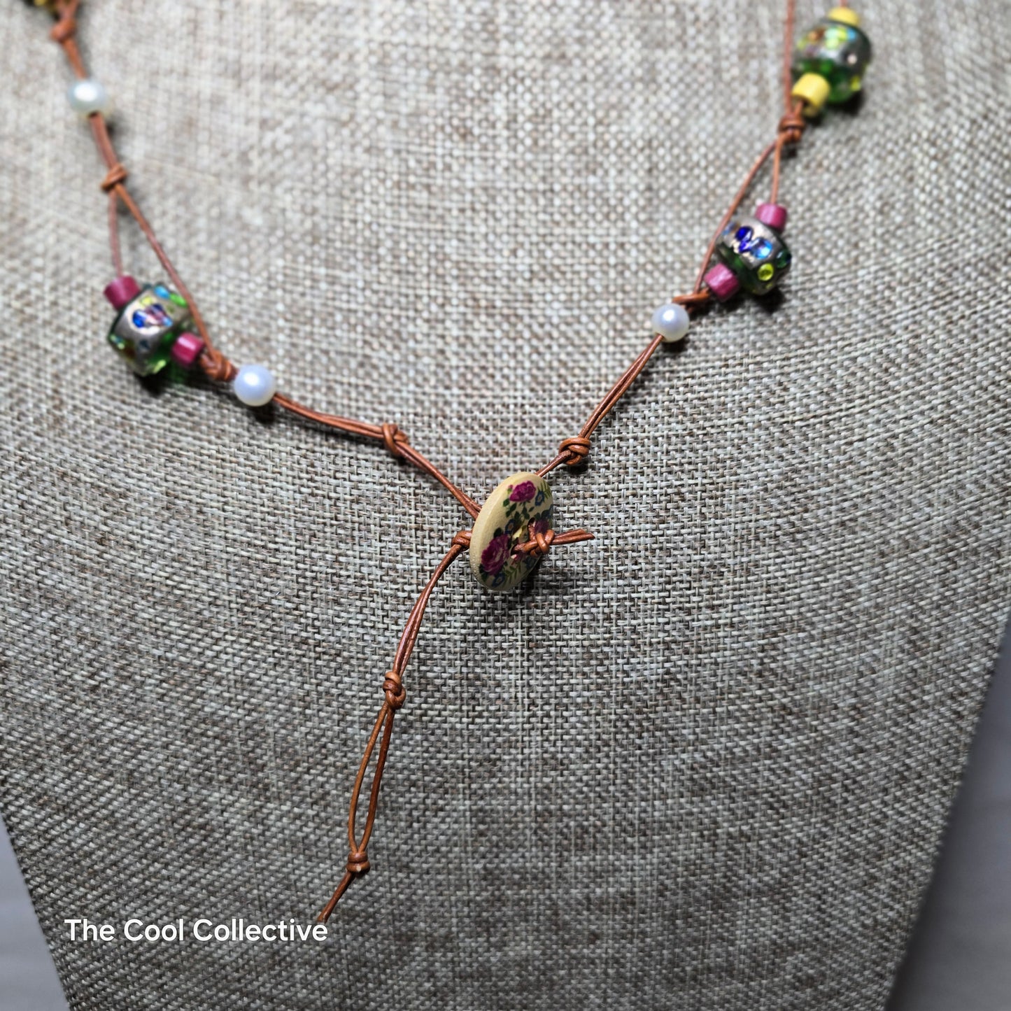 Horn Focal With Freshwater Pearls Glass & Wood Beads on Leather Adjustable Necklace