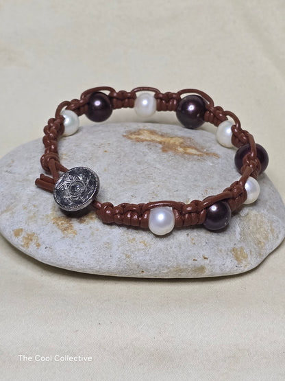 Freshwater and Shell Pearls on Medium Brown Leather Bracelet