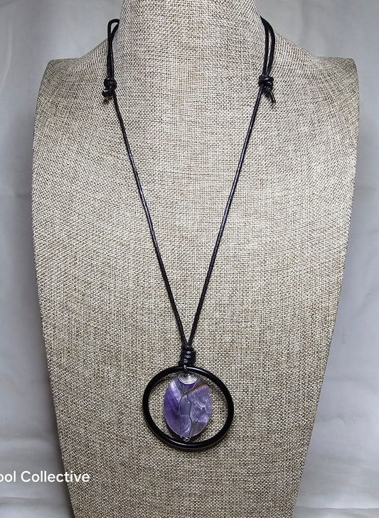 Large Dogtooth (Chevron) Amethyst on Black Ring Pendant on Adjustable AND Reversible Black Leather