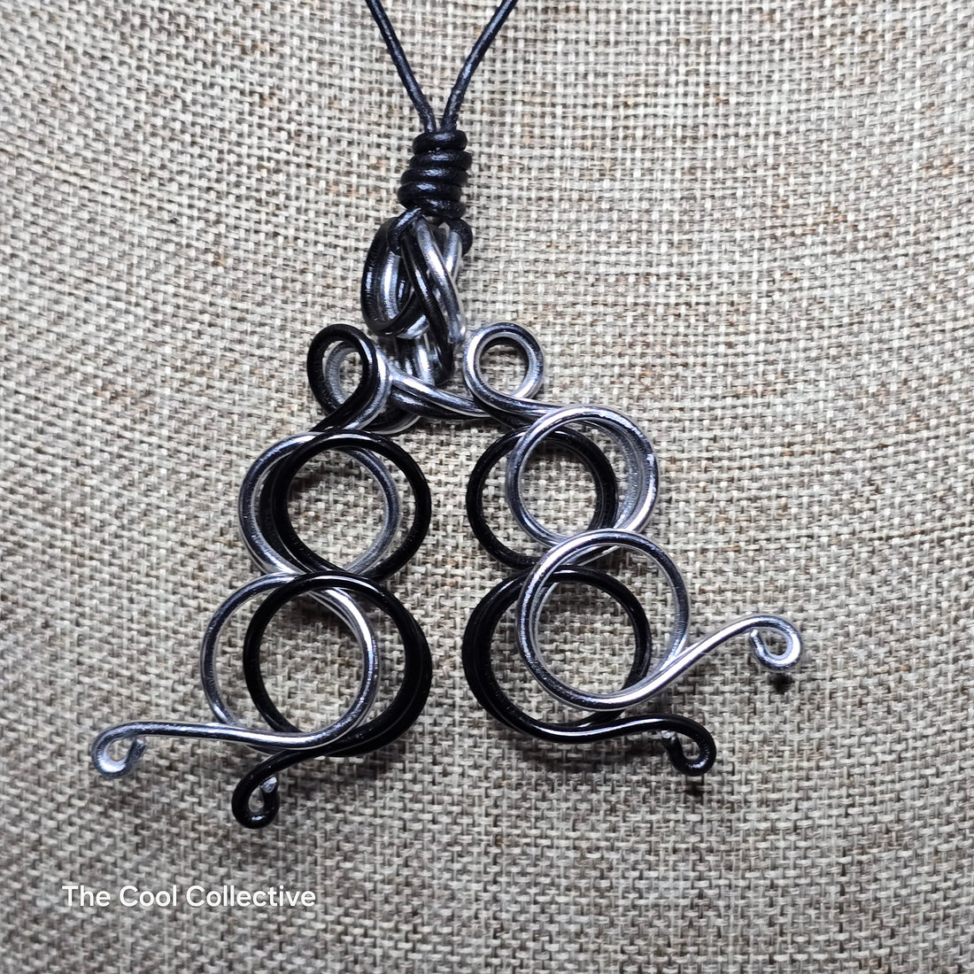 Silver &amp; Black Coiled Aluminum Wire Pendant on Adjustable Black Leather Necklace
