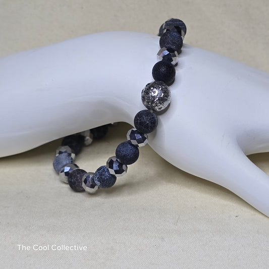 STRETCH Matte Black Banded Agate and Gray Crystals Bracelet