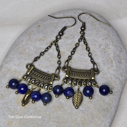 Eclectic Olive Green Chain & Adjustable Leather with Exotic Lapis Necklace and Earring Set