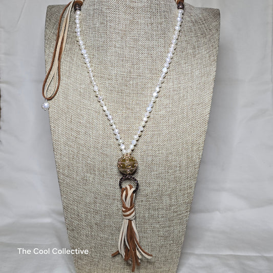 Freshwater Pearls and Antique Copper Accents & Focal Rust & Tan Leather Adjustable Tassel Necklace