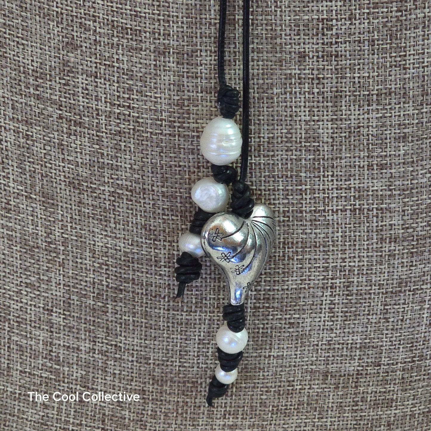 Freshwater Pearls and Silver Tone Heart on Black Leather Lariat & Earrings Set