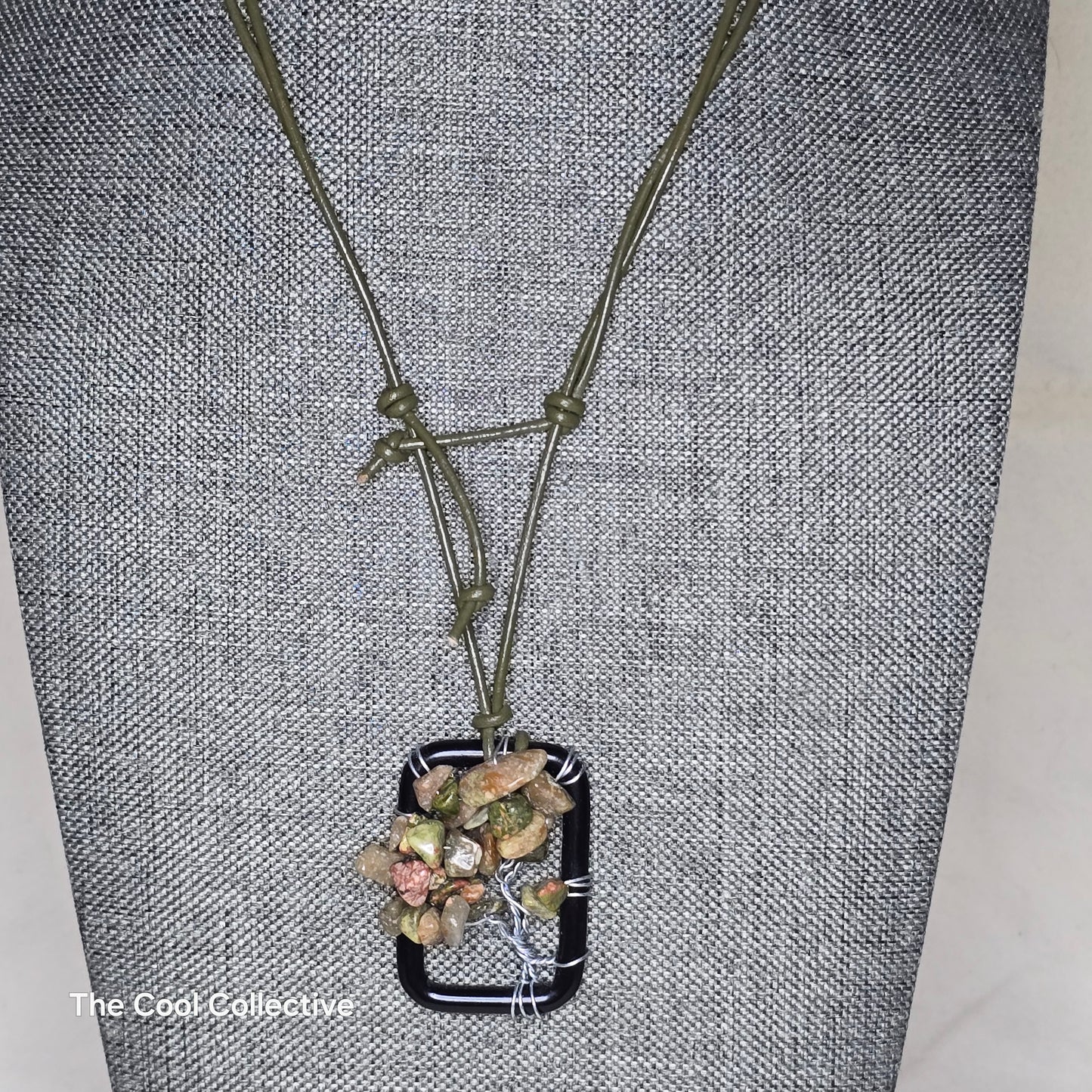 Unakite Tree of Life Pendant on Black Tone Frame on Olive Green Leather - Adjustable Style