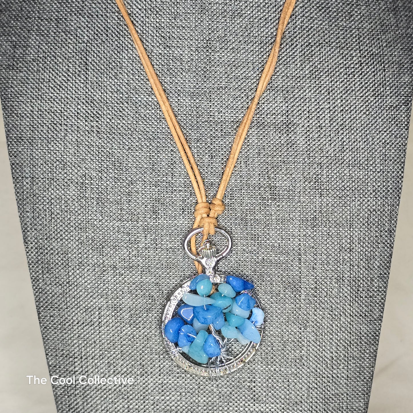 Tree of Life Pendant - Blue Quartz on Silver Frame on Natural Tan Leather - Adjustable Style