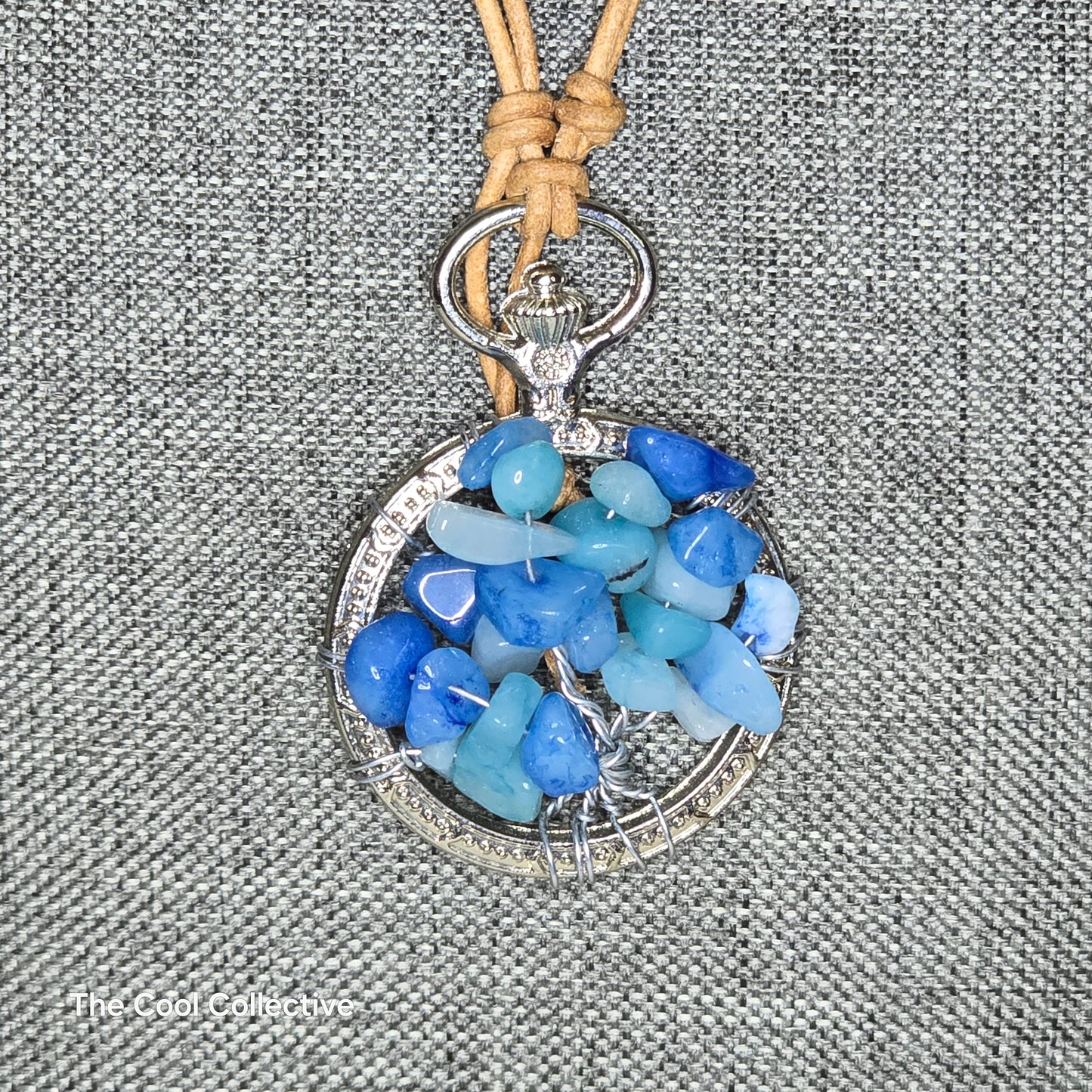 Tree of Life Pendant - Blue Quartz on Silver Frame on Natural Tan Leather - Adjustable Style