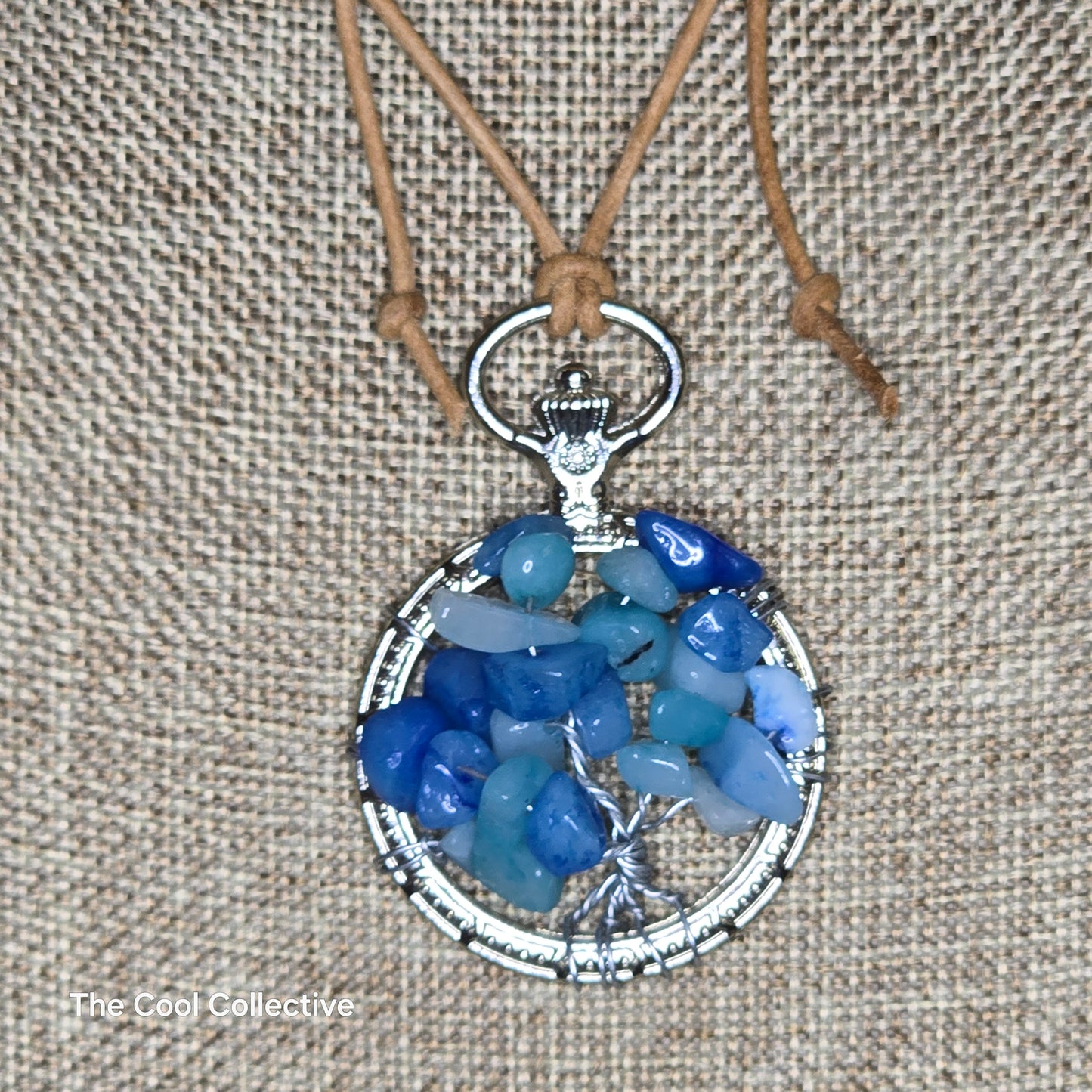 Tree of Life Pendant - Blue Quartz on Silver Frame on Natural Tan Leather - Adjustable Style