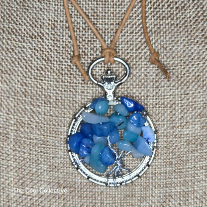 Tree of Life Pendant - Blue Quartz on Silver Frame on Natural Tan Leather - Adjustable Style