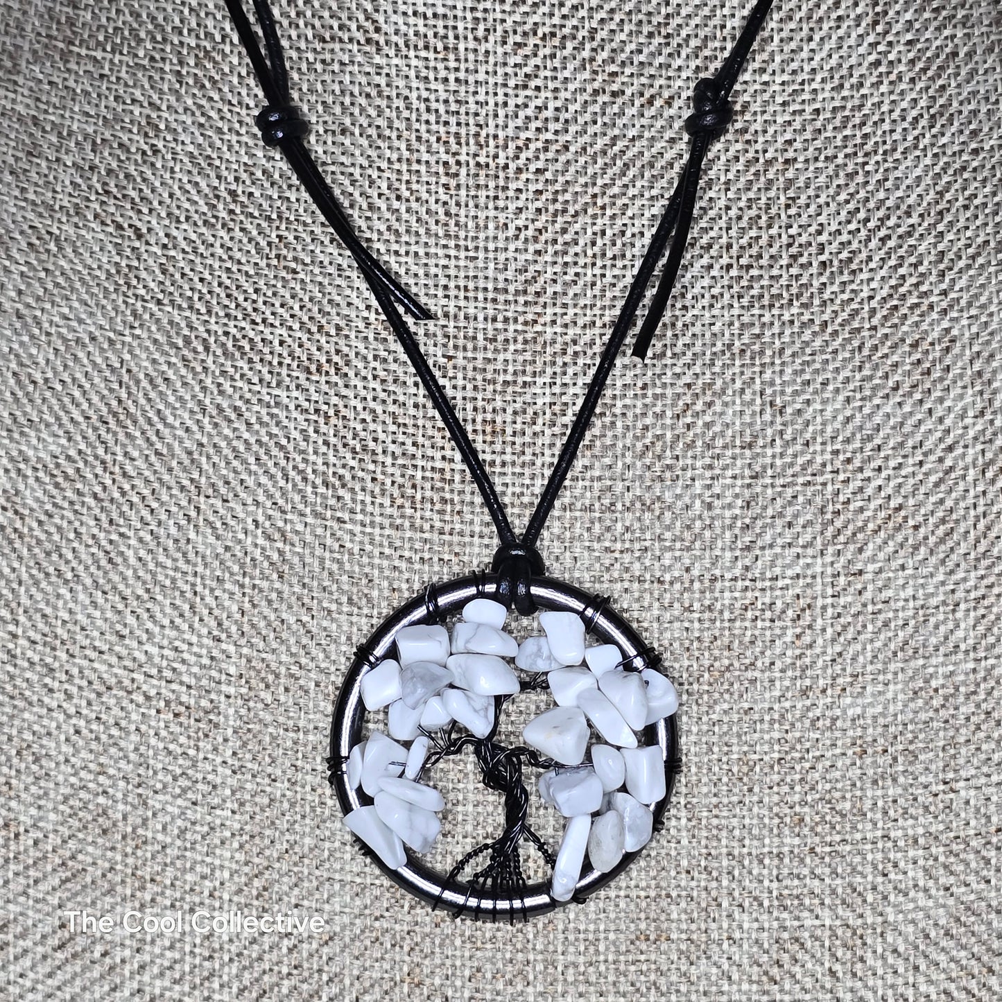 White Howlite Tree of Life Pendant on Hematite Tone Frame on Black Leather - Adjustable Style