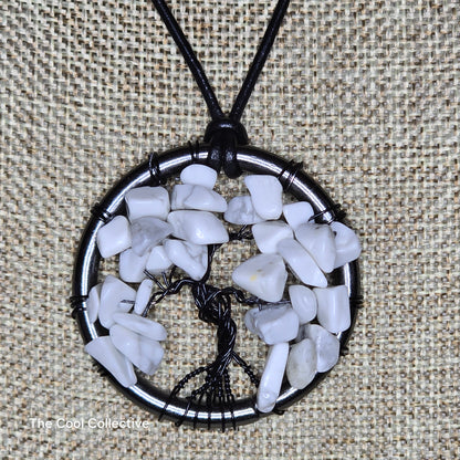 White Howlite Tree of Life Pendant on Hematite Tone Frame on Black Leather - Adjustable Style