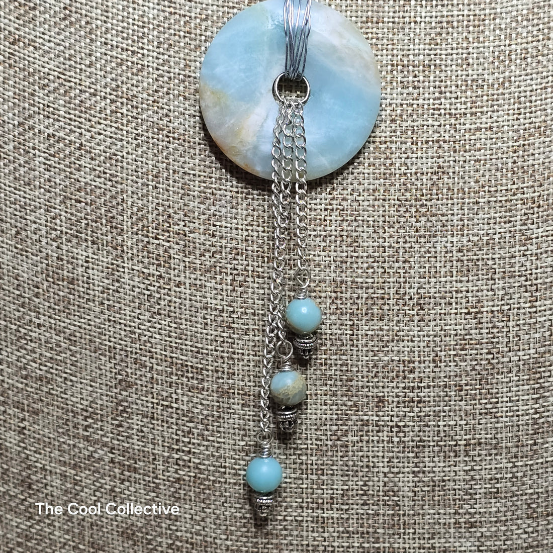 Handmade Jewelry; Amazonite Donut and Beads Necklace &amp; Earrings Set; Leather; Silver Tone Chain; Adjustable Necklace; Tina Lucas; The Cool Collective; Woman-Owned Small Business