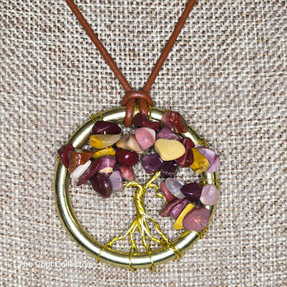 Mookaite Tree of Life Pendant on Gold Tone Frame on Saddle Brown Leather - Adjustable Style