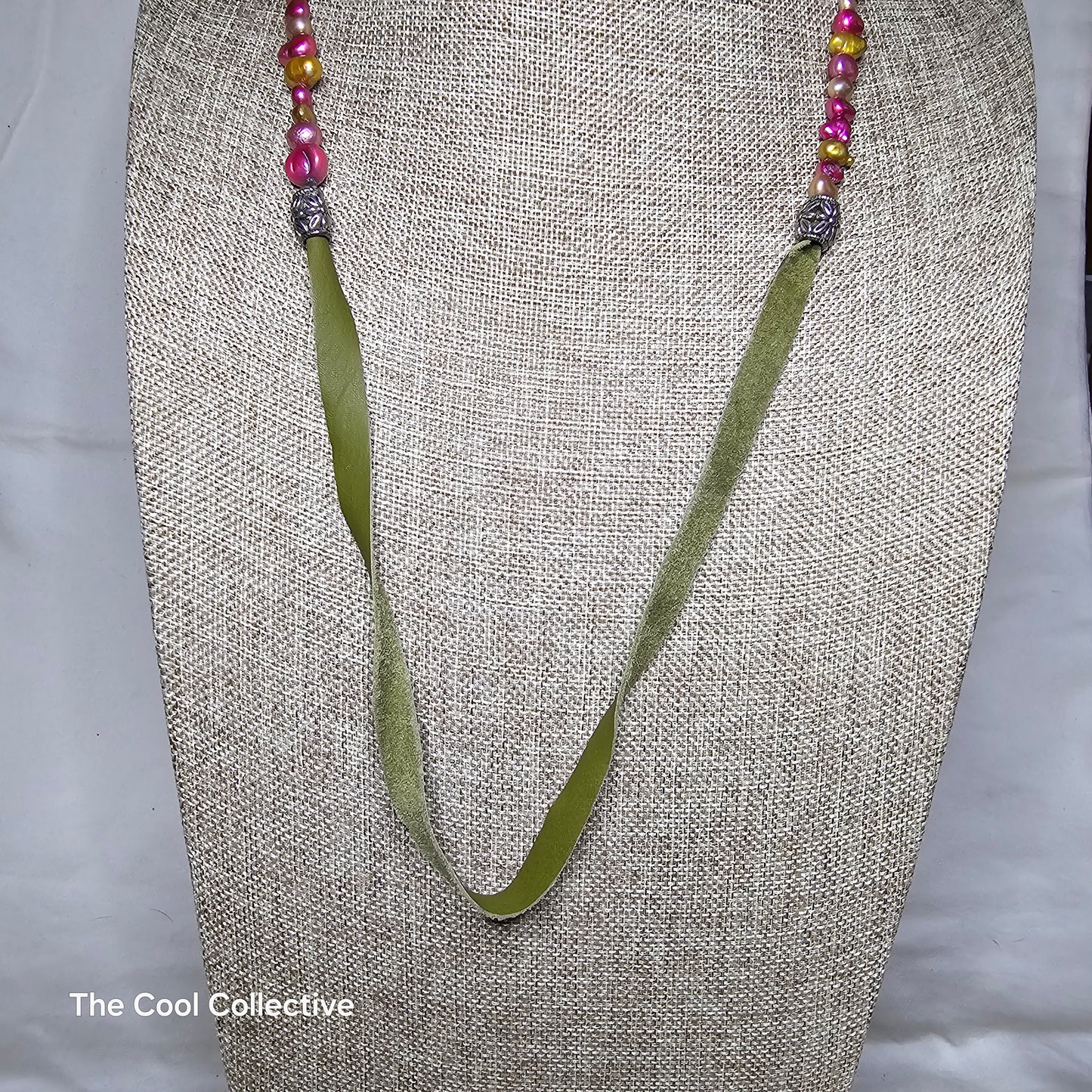 Multicolor Freshwater Pearls on Olive Green Deer Tan & Tassel With Silver Tone Accents