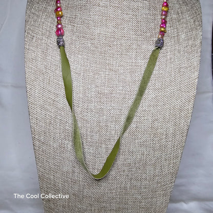 Multicolor Freshwater Pearls on Olive Green Deer Tan & Tassel With Silver Tone Accents