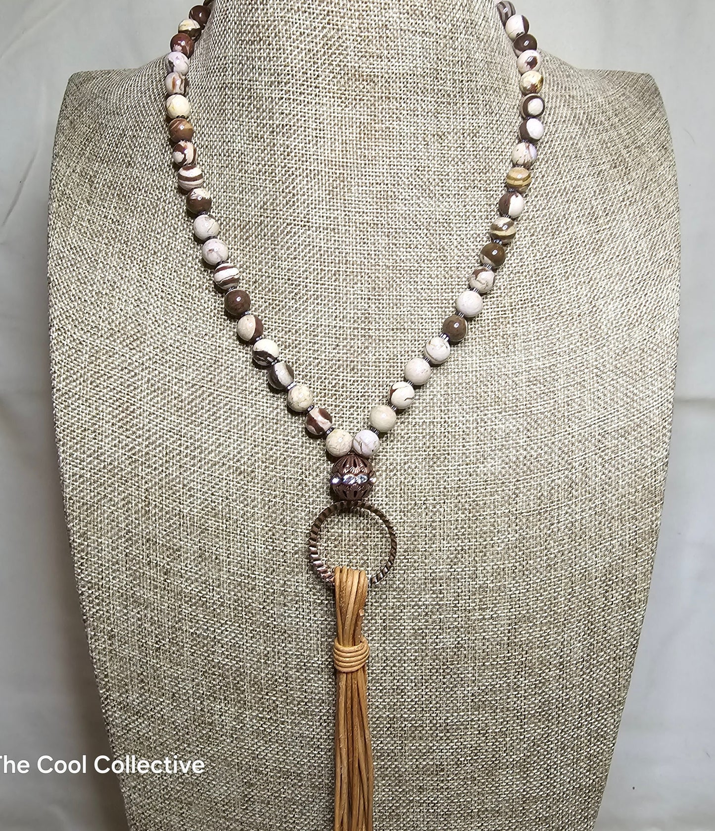 Zebra Jasper & Hematite Natural Tan Leather Tassel Necklace With Antique Copper Focal & Accents - Adjustable Style