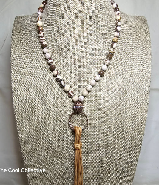 Zebra Jasper & Hematite Natural Tan Leather Tassel Necklace With Antique Copper Focal & Accents - Adjustable Style