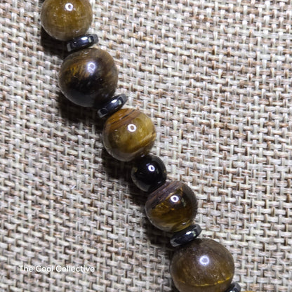 Tiger's Eye & Hematite Tassel Necklace on Natural Tan Leather, a Crystal Focal & Silver Tone Accents - Adjustable Style