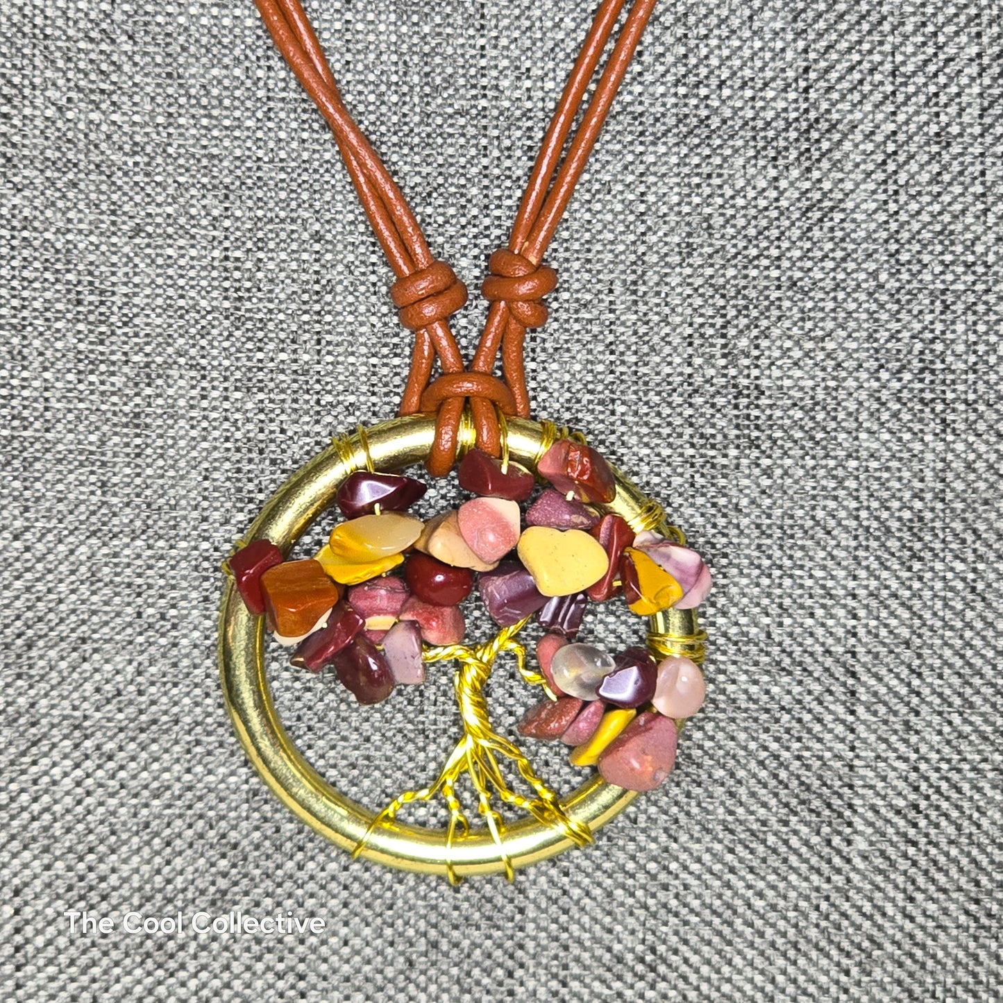 Mookaite Tree of Life Pendant on Gold Tone Frame on Saddle Brown Leather - Adjustable Style